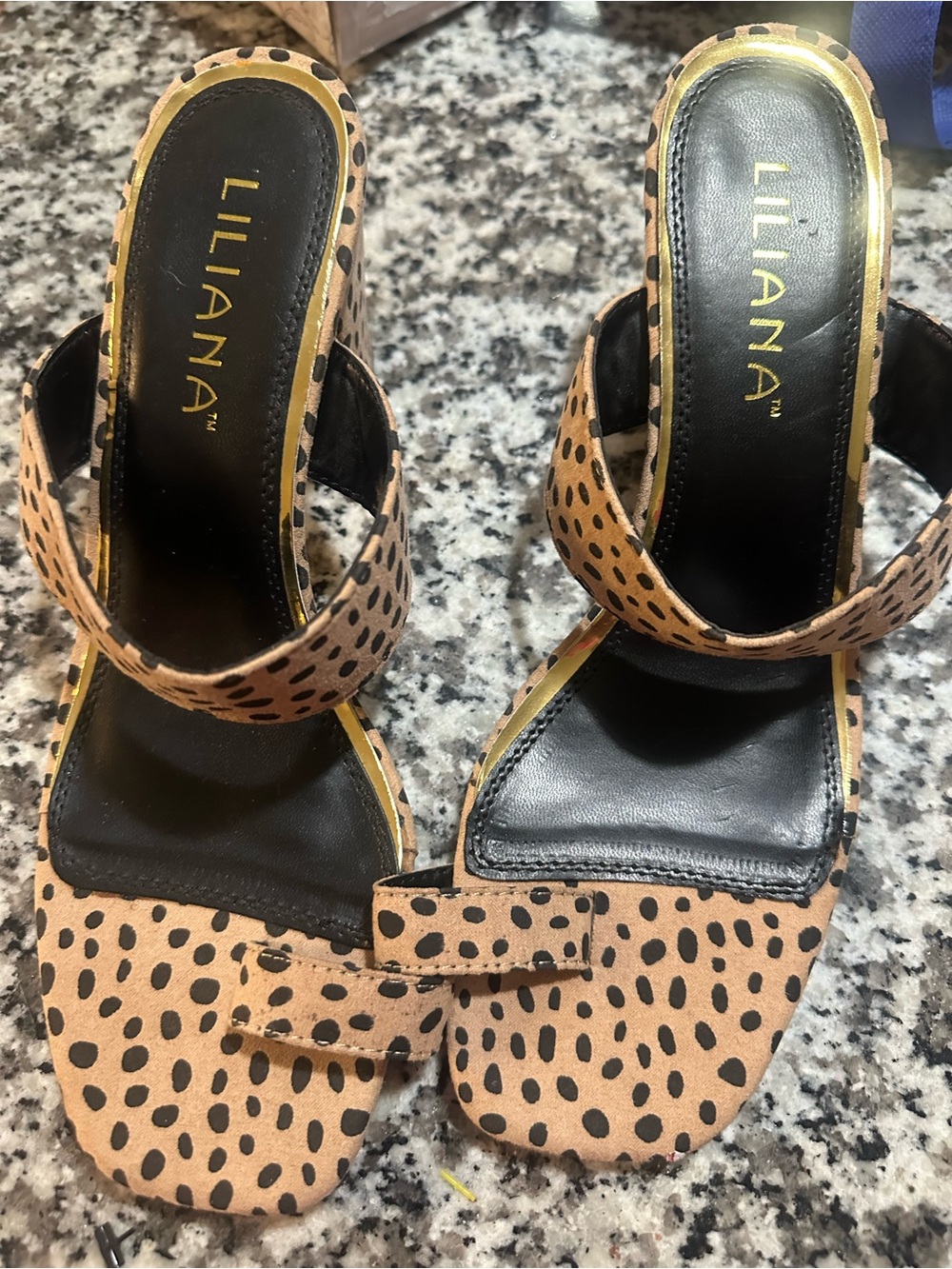 Liliana Leopard Print Tan and Black Heeled Sandals